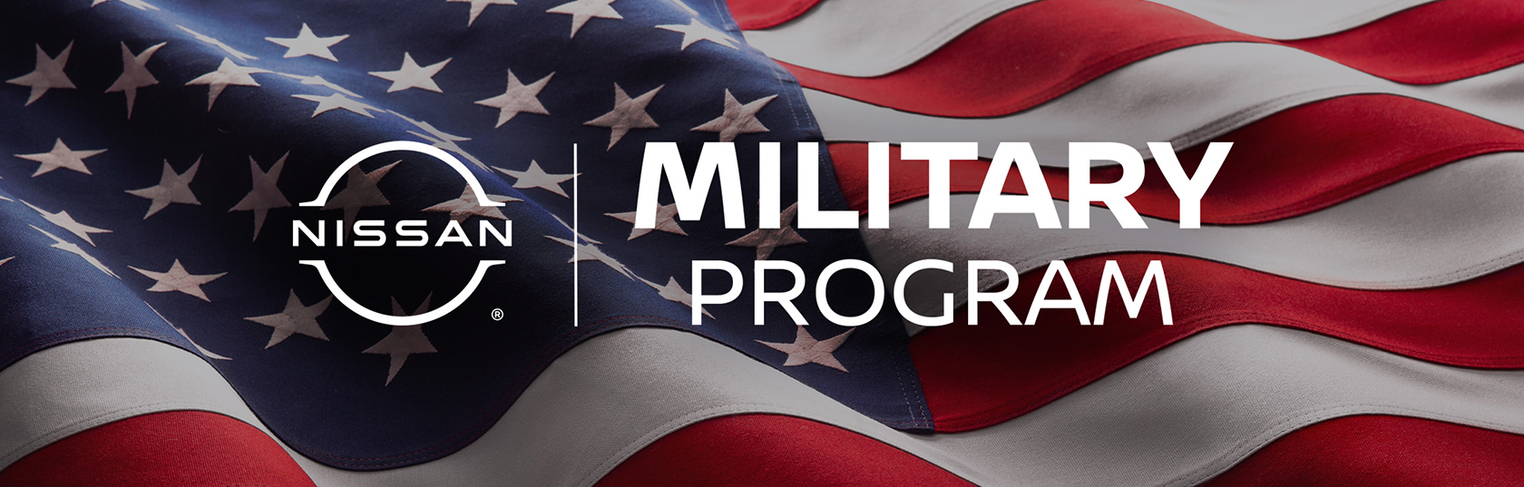 close up shot of american flag waving in the wind with the nissan logo and the text military program
